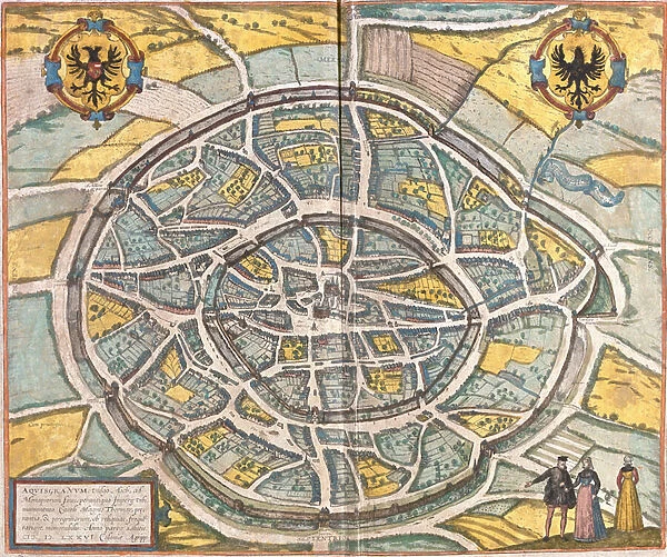 Map of Aachen (Aquisgranum), Germany (etching, 1572-1617)