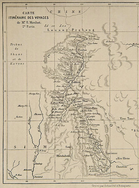 Map of Laos and the Mekong river showing the route of the voyage of Henri Mouhot