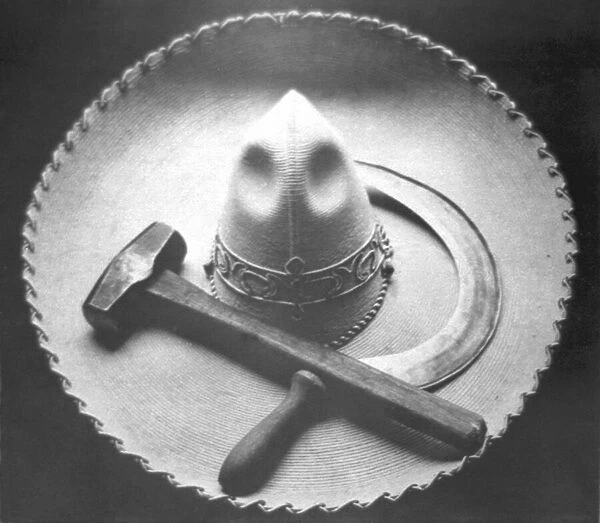 Mexican Revolution: Sombrero with Hammer and Sickle, Mexico City, 1927 (b  /  w photo)