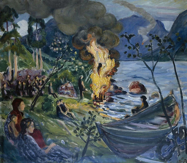 Midsummer fire at Jolster water (oil on canvas)