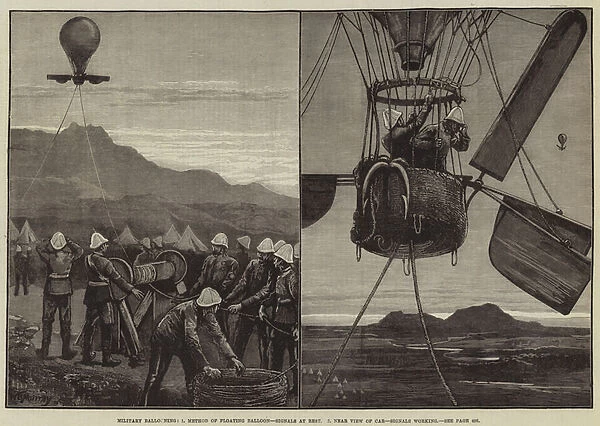 Military Ballooning, Method of Floating Balloon, Signals at Rest, Near View of Car, Signals working (engraving)