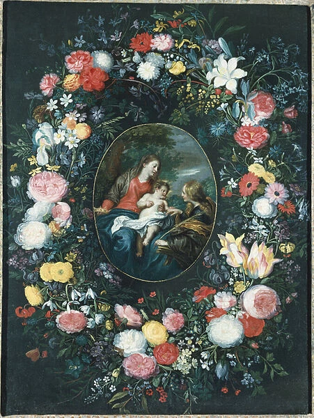 The Mystic Marriage of St. Catherine in a Landscape, surrounded by a Garland of Flowers