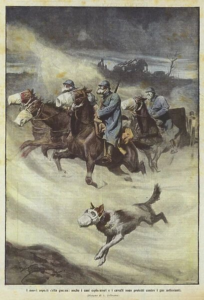 The new aspects of war, even scout dogs and horses are protected against asphyxiating gases (colour litho)