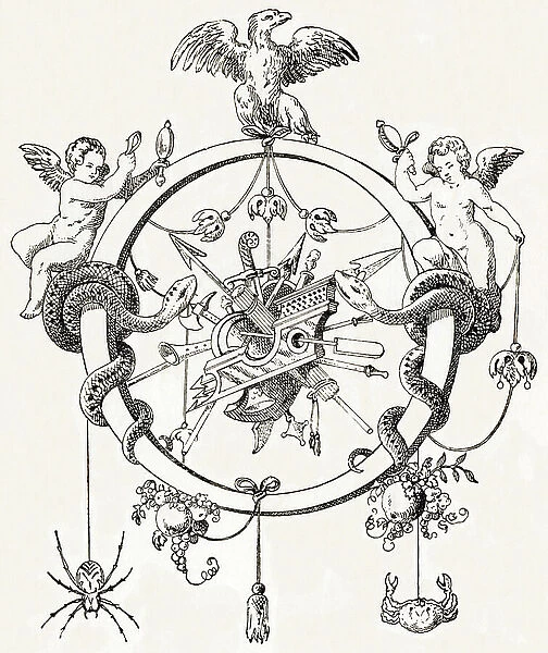 O - Deux serpents et deux angelots - Alphabet by T. de Bry (new artistic alphabet), 1880 (engraving)