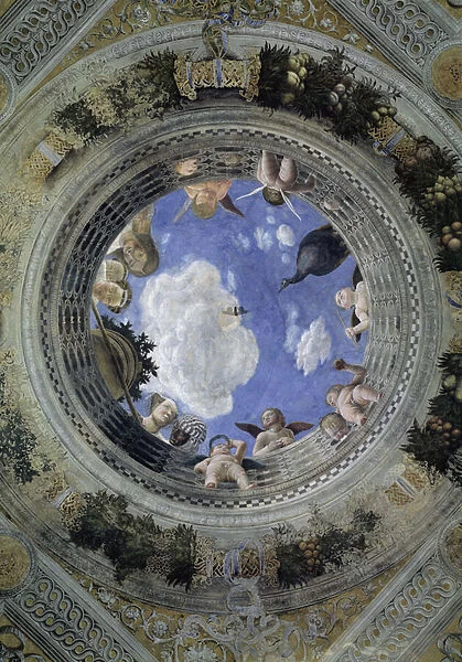 Occulus of the ceiling of the House of Spouses, Ducal Palace of Mantua, Italy (Camera degli Sposi, Palazzo Ducale, Mantova). Fresco by Andrea Mantegna (1431-1506), 1474