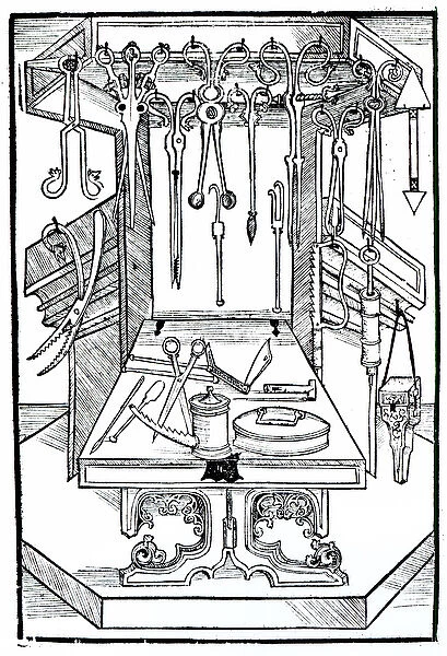 Operating table and surgical instruments, from Das Buch der Cirugia