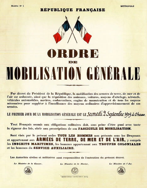 Order of mobilization in France September 02, 1939 - Order of mobilization generale
