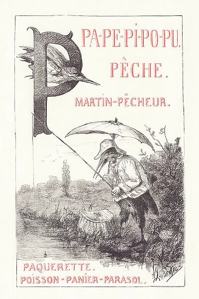 P: PA PE PI PO PU - Peach -- Kingfisher - Daisy - Fish - Basket -- Parasol, 1879 (engraving)