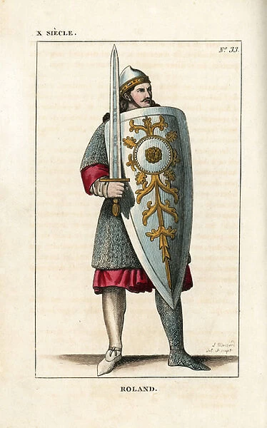 The Paladin Roland, from the Song of Roland, 12th century. He wears a helmet, chainmail tunic, stocking and chainmail legging. He holds a sword engraved with Durindarda and large shield. From a figure on the portal of Verona Cathedral