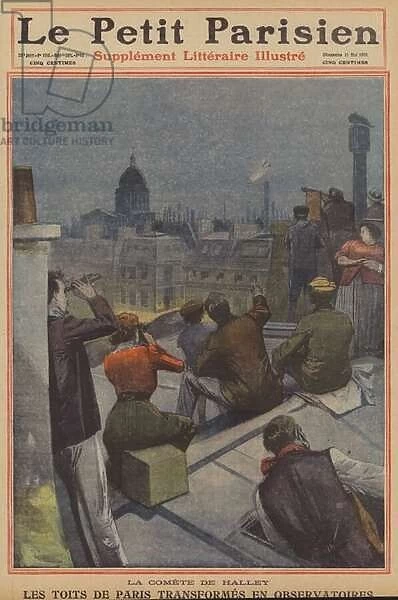 Parisians watching Halleys Comet from the citys rooftops (colour litho)