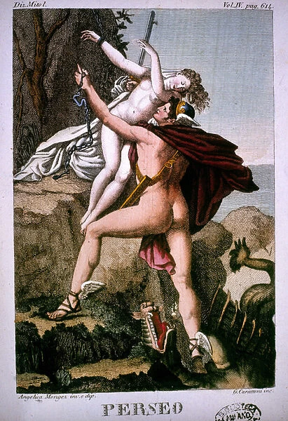 Perseus liberates Andromeda - in Dizionario mitologico, 19th century engraving, Bibl