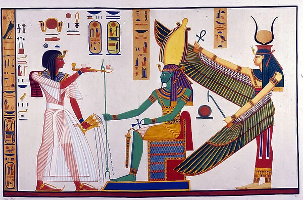 Pharaoh Ramses IV makes offers to Ptah-Sokari-Osiris. Behind Osiris is Isis