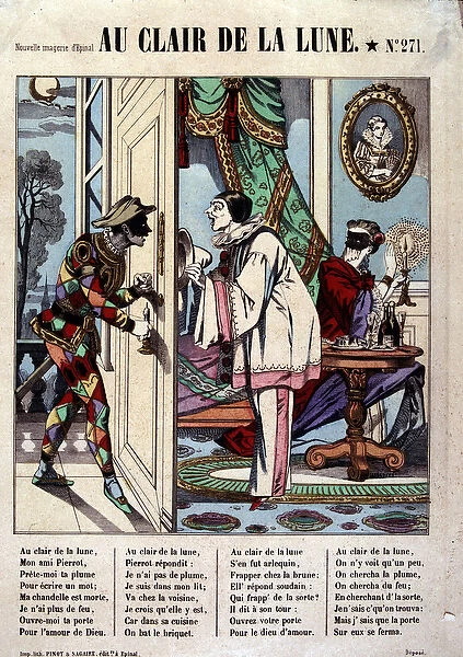 Pierrot, Harlequin and the neighbor, ill. of the song 'Au clair de la lune'