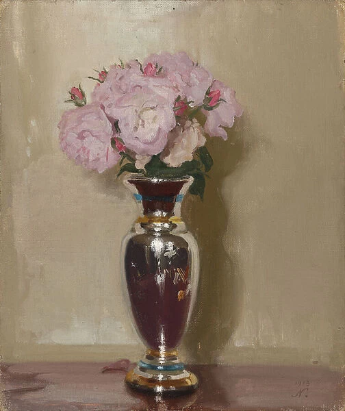 Pink Roses in a Silver Lustre Vase, 1913 (oil on canvas laid on board)