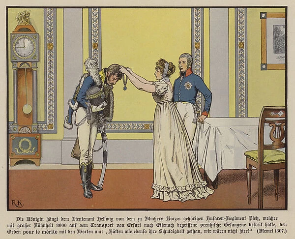 Queen Louise of Prussia awarding Lieuteneant Hellwig the Order Pour la Merite, Memel, 1807 (colour litho)