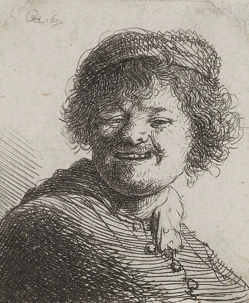 Rembrandt in a Cap, Laughing: Bust, 1630 (etching)