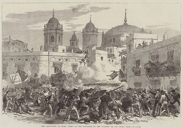 The Revolution in Spain, Fight at the Barricade in the Quarter de Los Vinas, Cadiz (engraving)