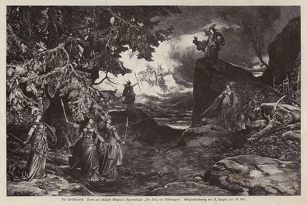 The Ride of the Valkyries, scene from Die Walkure, the second opera of Richard Wagners Der Ring des Nibelungen (engraving)