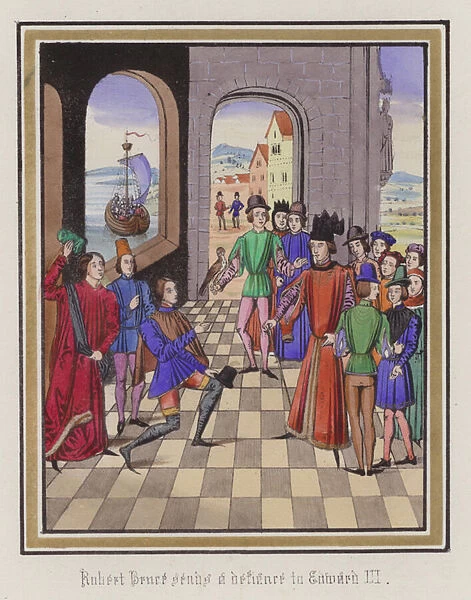 Robert Bruce defies King Edward III (coloured engraving)