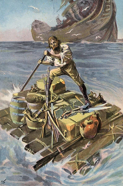 Robinson Crusoe: I visit the wreck (colour litho)