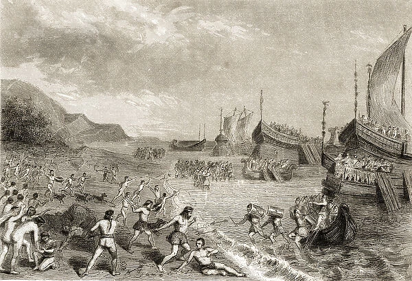 The Romans landing on the Island of Mallorca in 123 BC (engraving)