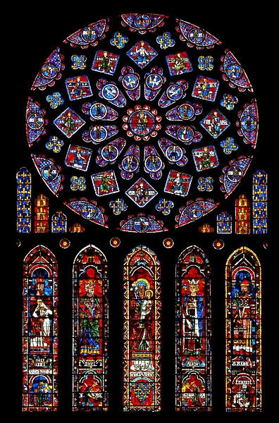 Rose window depicting Kings and Prophets surrounding the Virgin Mary and infant Christ