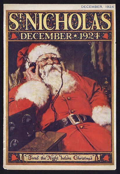 Santa Claus listening to the radio (colour litho)