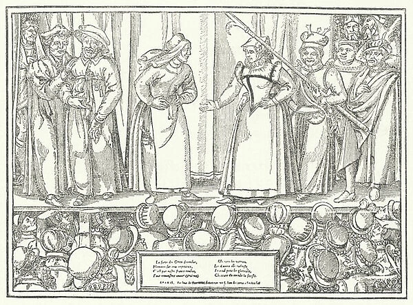 Scene from a play in a late medieval theatre (engraving)