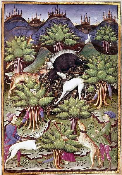 Scene of wild boar hunting Miniature from 'Treat falconry