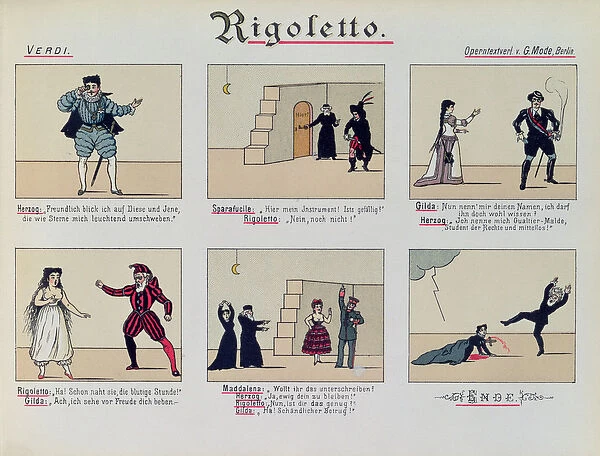 Scenes from the Opera Rigoletto by Giuseppe Verdi (1813-1901) (colour litho)