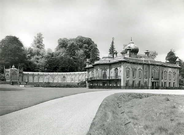 Sezincote, the entrance front with the Conservatory curving away to the rear, from 100 Favourite Houses (b / w photo)