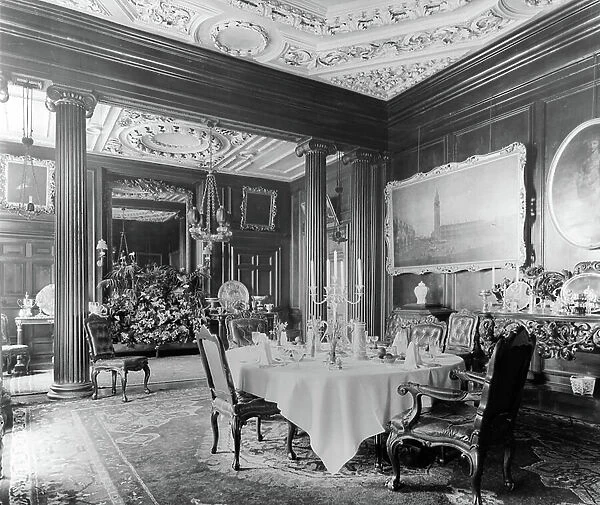 The Small Dining Room, Combe Abbey, Warwickshire, in 1909, from England's Lost Houses by Giles Worsley (1961-2006) published 2002 (b / w photo)