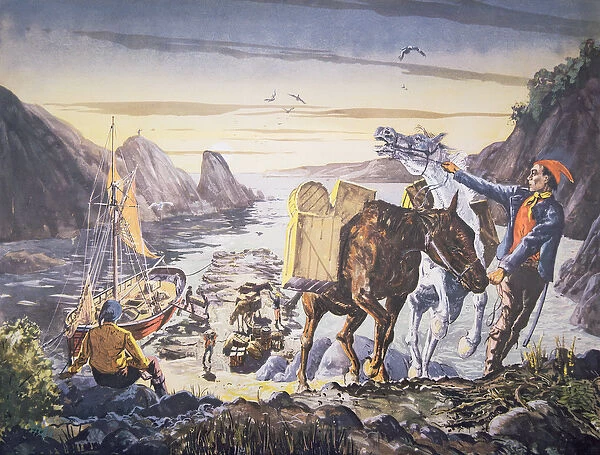 Smugglers loading contraband on their ponies for the journey inland (litho)