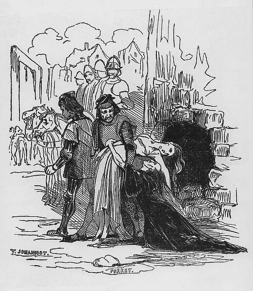 Soldiers dragging away a female prisoner, illustration to The Hunchback of Notre
