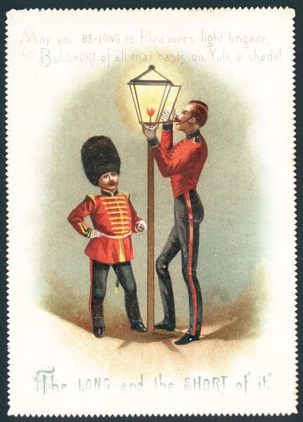 Soldiers lighting Gas Lamp, Christmas Card (chromolitho)