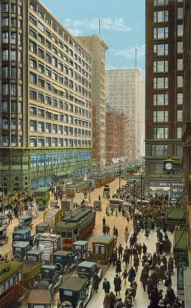 State and Madison Streets, Busiest Corner in the World (coloured photo)