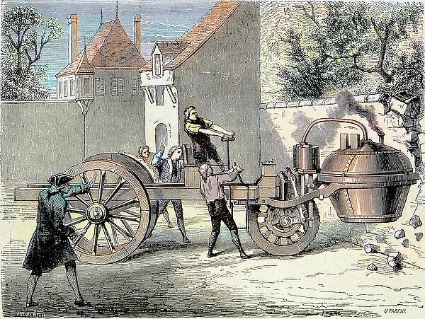Steam-powered car invented by Nicolas Joseph Cugnot (1725-1804