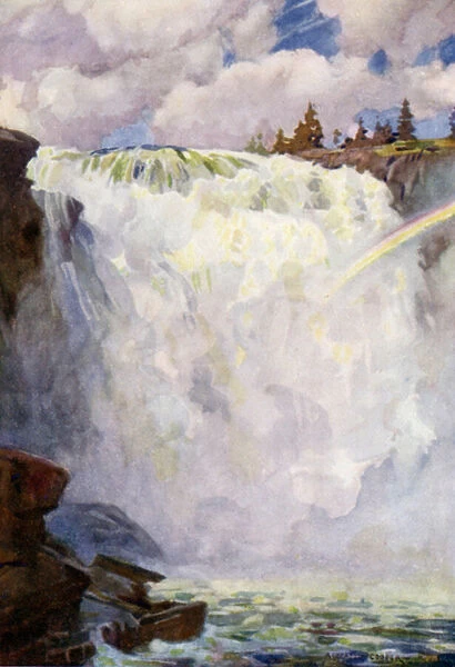 The Tannforsen Waterfall, Are (colour litho)