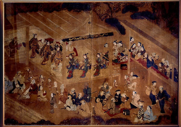 Theatre Kabuki: actors on stage; 18th century Japanese print Paris, Guimet museum
