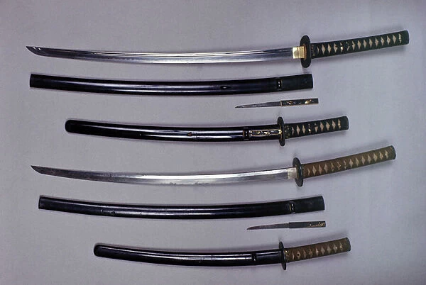 Top: a katana, Japanese sword and its sheath, wakizashi