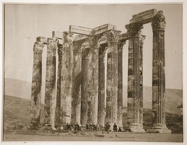 Tourists sitting amongst ruins, Greece, 1880s (sepia photo)