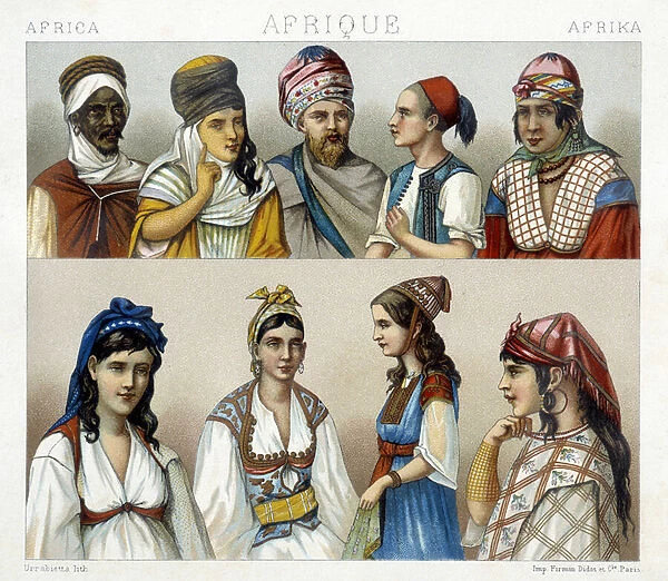 Traditional costumes and headdresses of men and women in Algeria