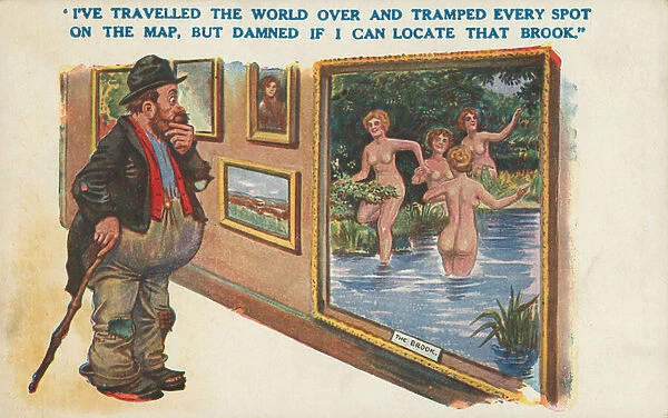 Tramp in an art gallery admiring a painting of naked women bathers at a brook (colour litho)