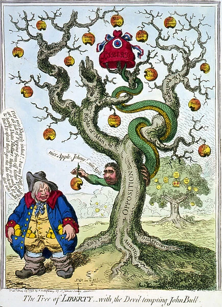 The Tree of Liberty - with the Devil tempting John Bull, James Gillray, 1798. Serpent, tail in Cap of Liberty, face of Charles James Fox, coiled round dying oak, offers damaged apple reform to John Bull, pockets full of golden fruit