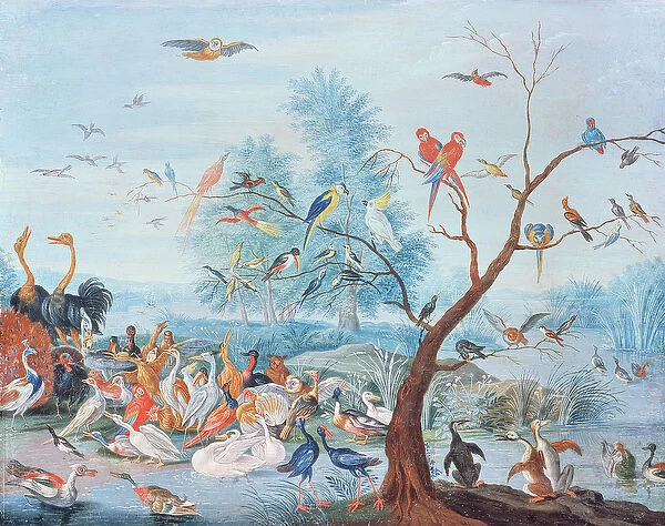 Tropical birds in a landscape (oil on panel)