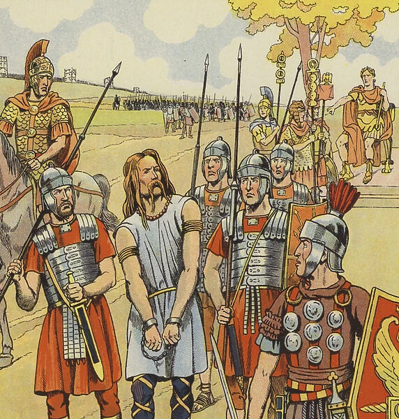Vercingetorix surrenders to Julius Caesar, 52 BC (colour litho)