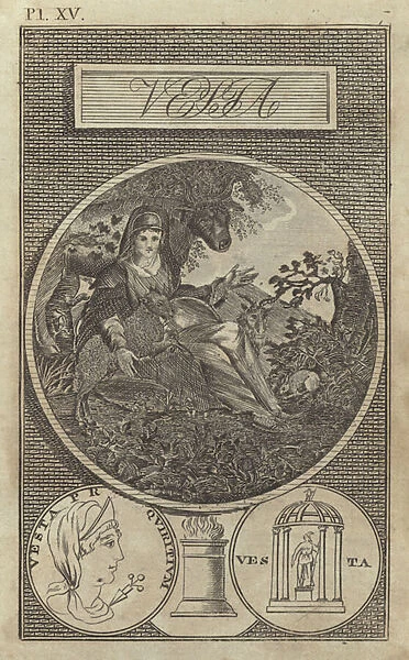Vesta, ancient Roman goddess of the hearth, home and family (engraving)