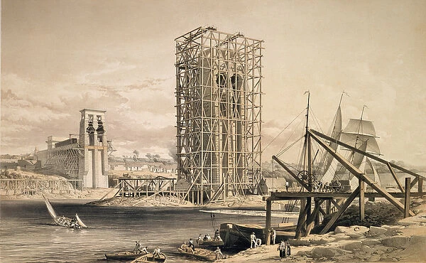 View of the construction of the Britannia Tubular Bridge (colour litho)