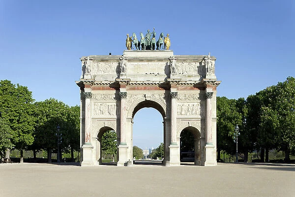 View of the triumphal arch of the Carrousel in Paris, neoclassical French architecture of Empire style, a monument built between 1808 and 1809 under Napoleon 1er, in commemoration of the victory of the Great Armee in Austerlitz in 1805