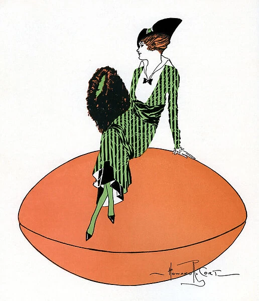 Vintage Illustration of Flapper Sitting on Giant Football, 1920s (colour litho)